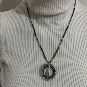 💋4/20 Unisex Purple and silver seed bead necklace with silver feather